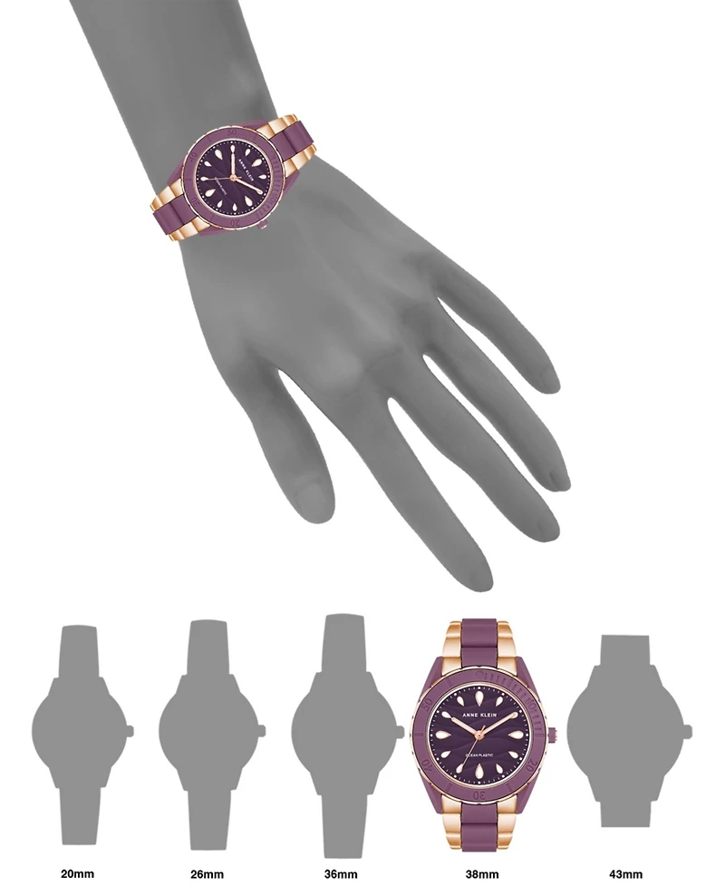 Anne Klein Women's Three-Hand Quartz Rose Gold-Tone and Purple Solar Oceanwork Plastic Bracelet Watch, 38.5mm