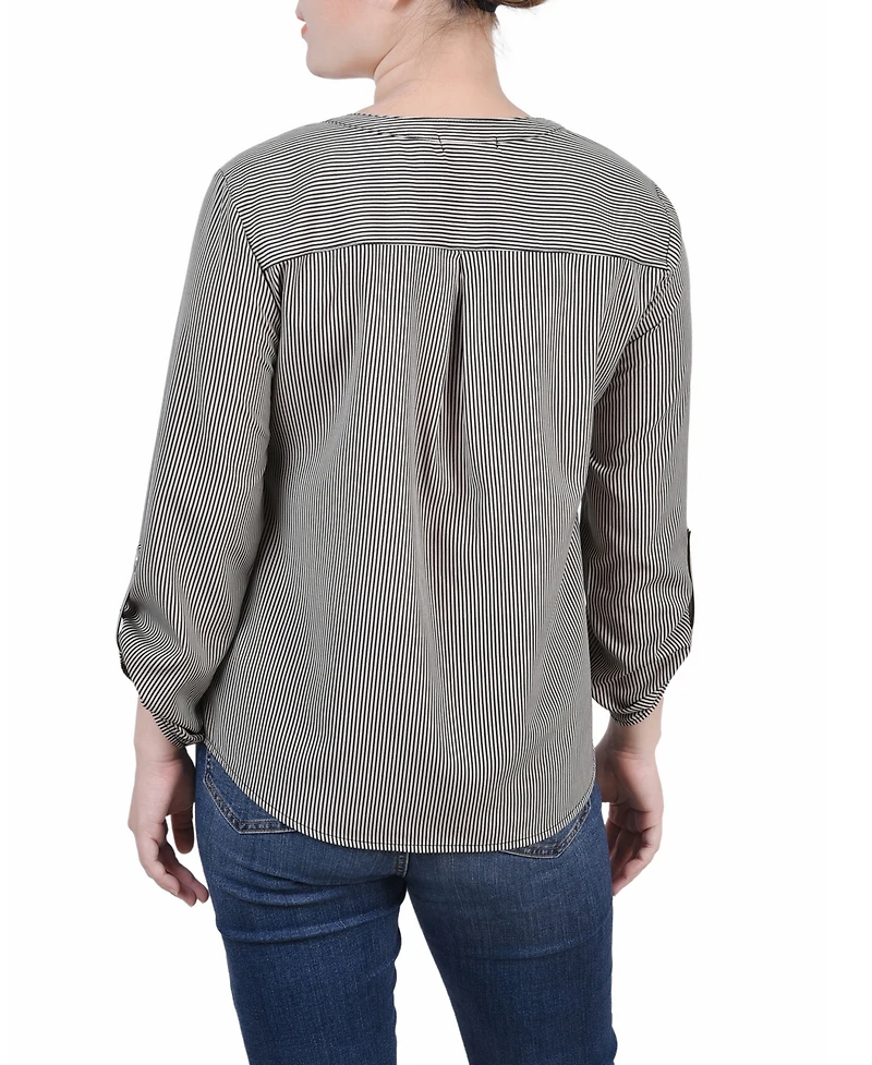 Petite 3/4 Sleeve Roll Tab Y Neck Blouse