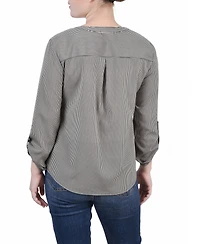 Petite 3/4 Sleeve Roll Tab Y Neck Blouse