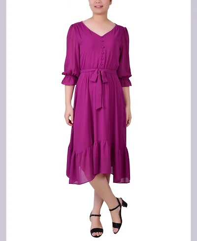 Ny Collection Petite 3/4 Sleeve V-neck Flounced Dress