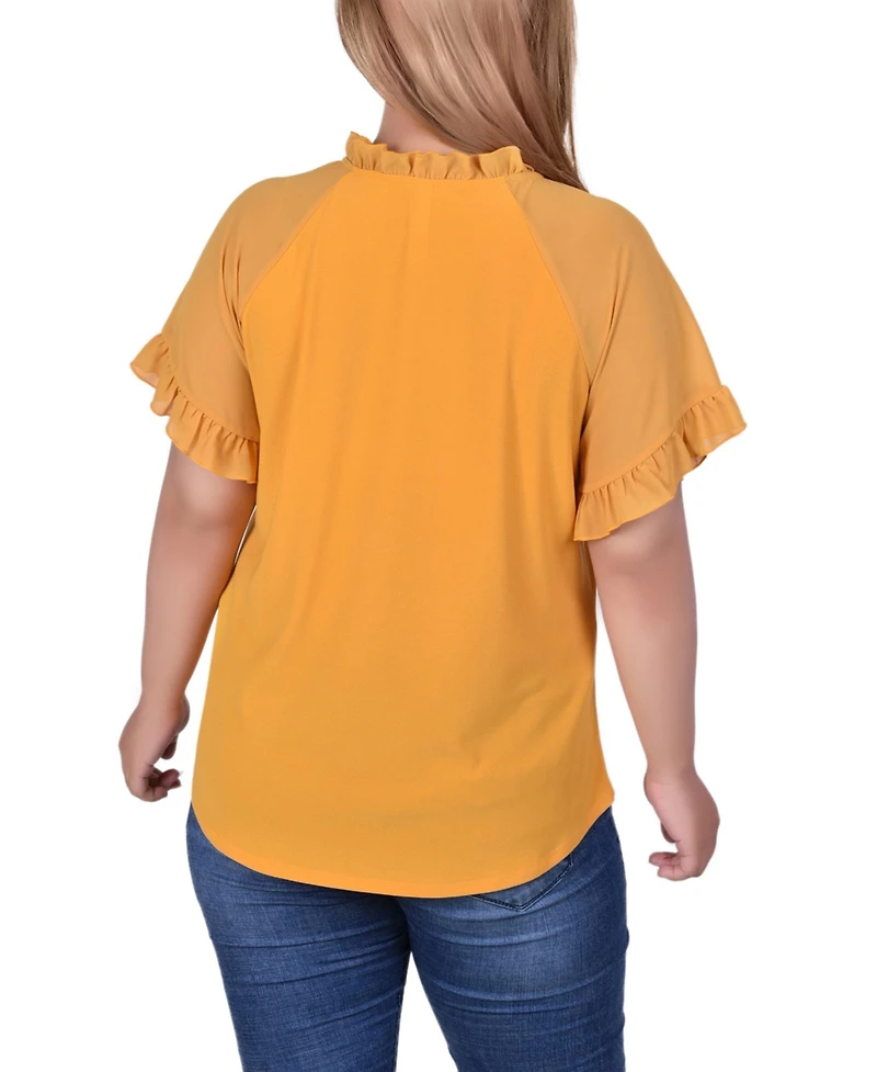 Ny Collection Plus Short Ruffled Sleeve Crepe Knit Top with Chiffon Sleeves