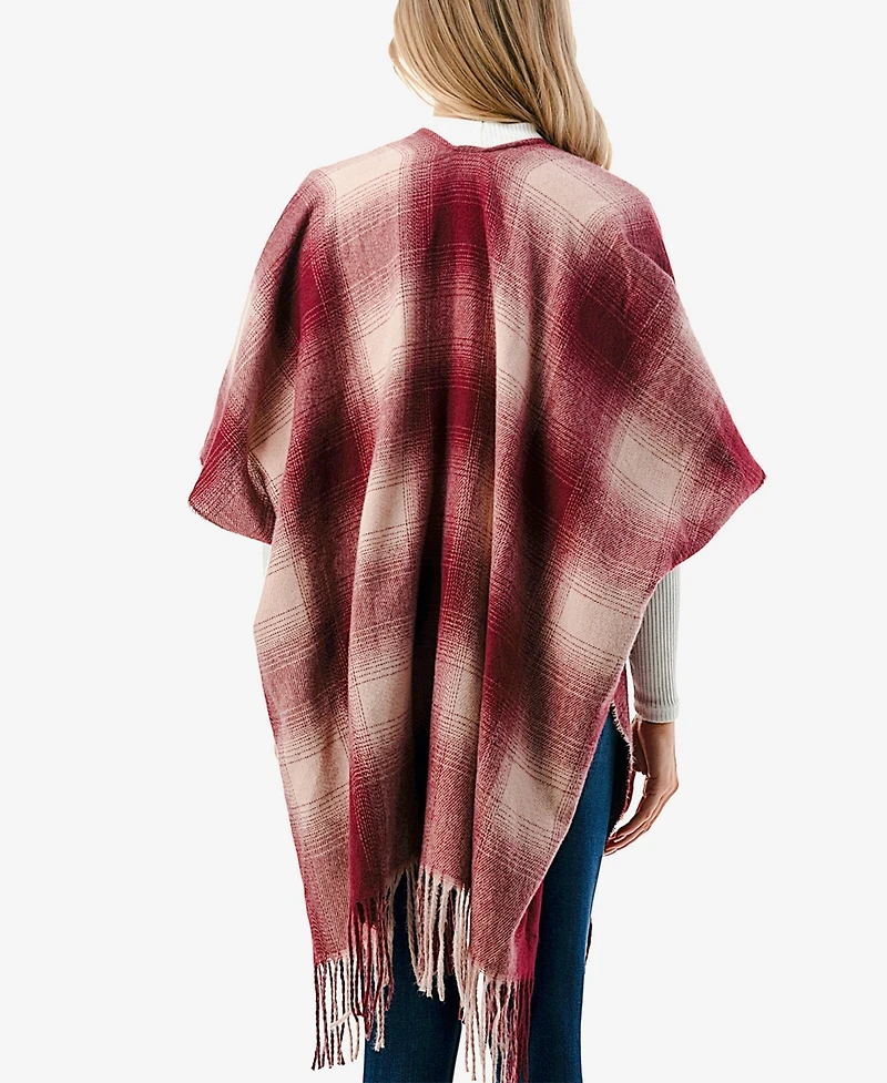 Marcus Adler Women's Plaid Open-Front Fringe-Trim Poncho