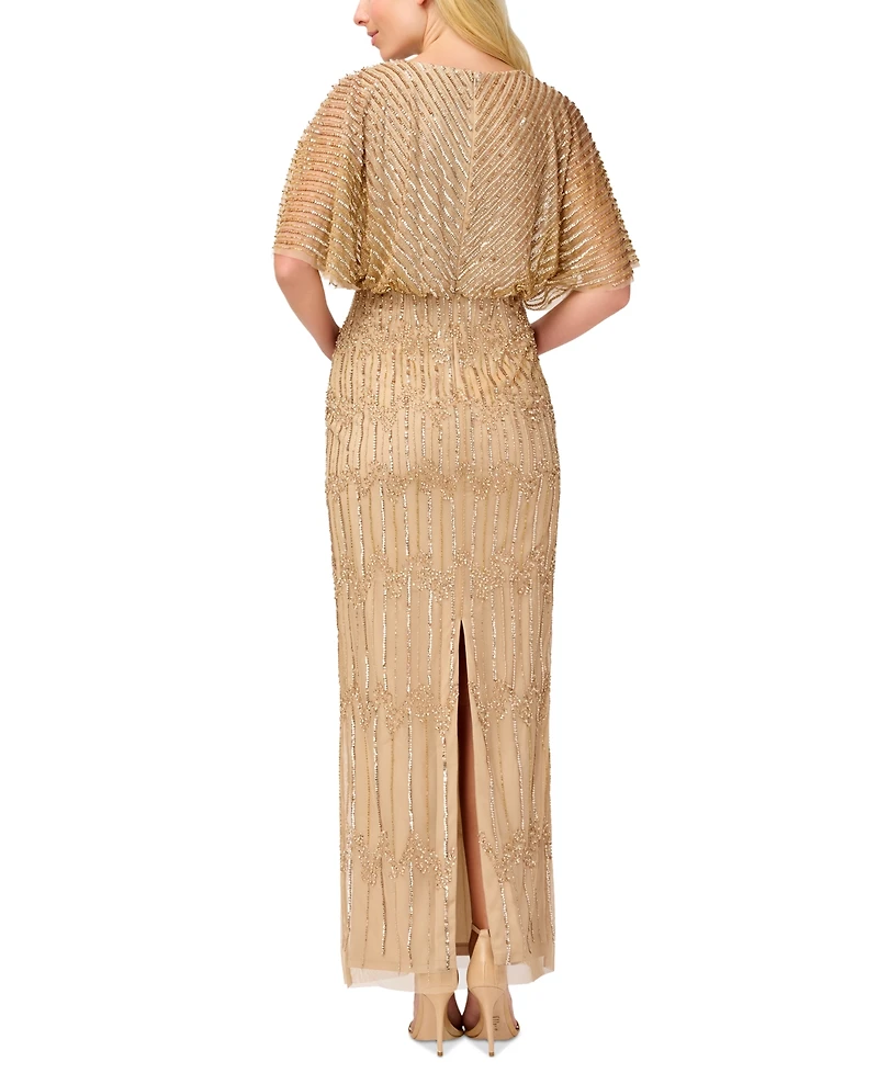 Adrianna Papell Women's Beaded Flutter-Sleeve Blouson Gown