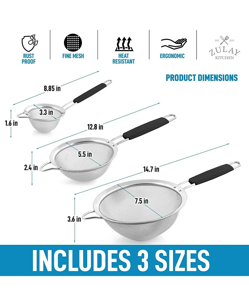 Premium Stainless Steel Fine Mesh Strainer Set - Strainers for Kitchen (Set of 3) with Non-slip Handles