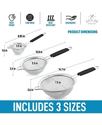 Premium Stainless Steel Fine Mesh Strainer Set - Strainers for Kitchen (Set of 3) with Non-slip Handles
