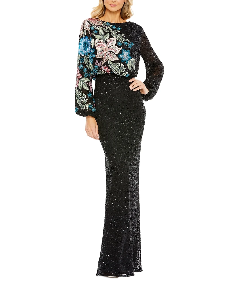 Mac Duggal Women's Sequined Floral Blouson Long-Sleeve Gown