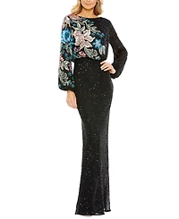 Mac Duggal Women's Sequined Floral Blouson Long-Sleeve Gown