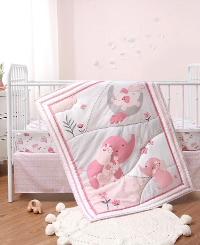 The Peanutshell Pink Elephant Crib Bedding Set for Baby Girls, 3 Piece Nursery Set