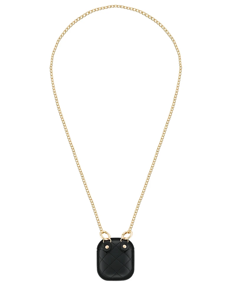 Anne Klein Women's Black Faux Leather Quilted Case with Crossbody Chain designed for AirPods