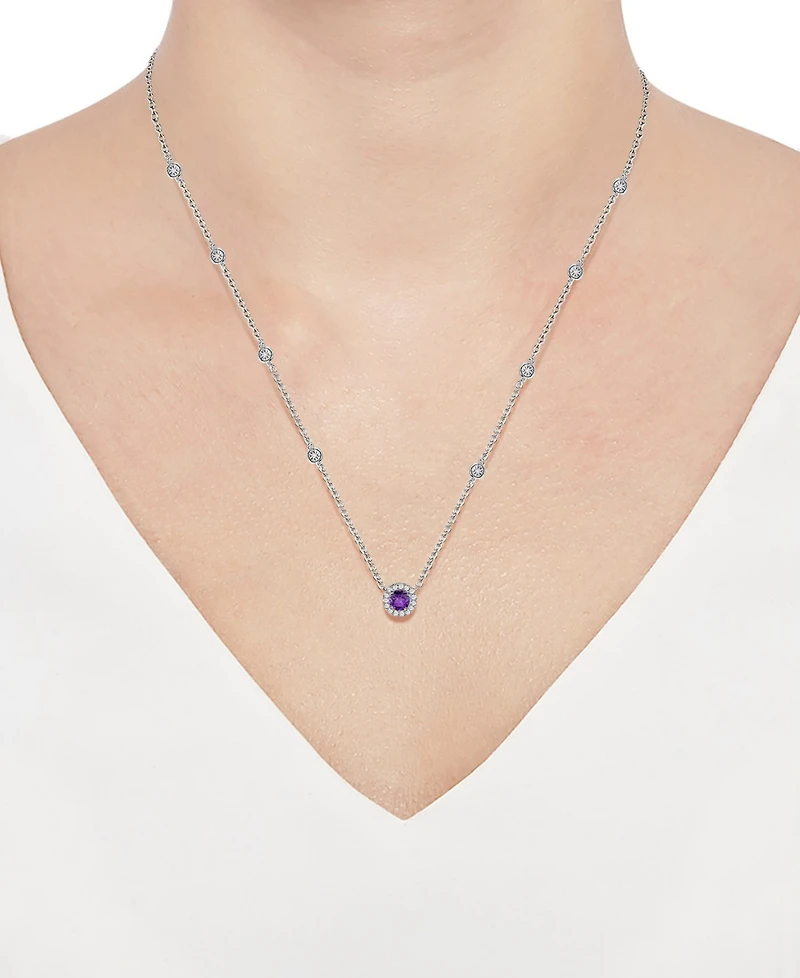 Amethyst (1/5 ct. t.w.) & Diamond (1/10 Halo Collar Necklace Sterling Silver, 17" + 1" extender, (Also Garnet, Citrine, Peridot, Blue