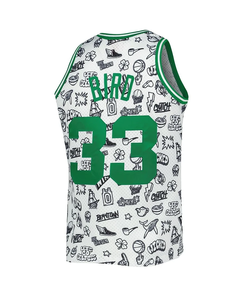 Men's Mitchell & Ness Larry Bird White Boston Celtics 1985-86 Hardwood Classics Doodle Swingman Jersey