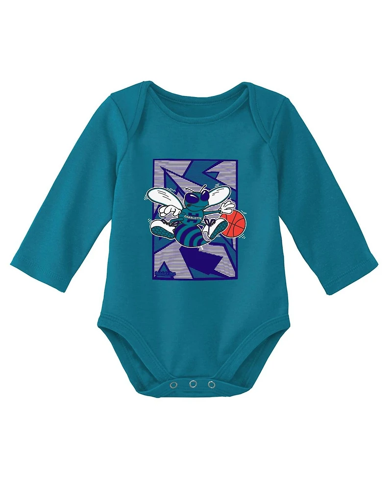 Newborn and Infant Boys Girls Mitchell & Ness Purple, Teal Charlotte Hornets 3-Piece Hardwood Classics Bodysuits Cuffed Knit Hat Set