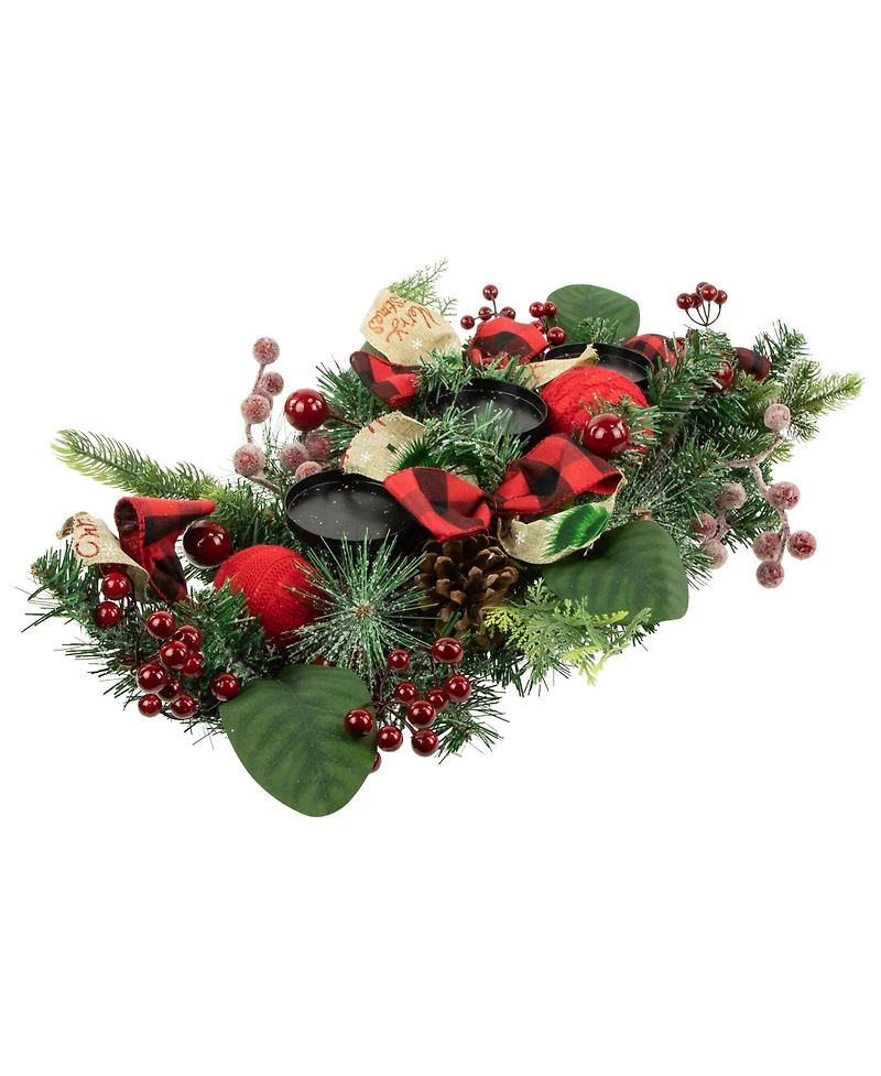 Northlight Pine Triple Candle Holder With Bows and Plaid Christmas Ornaments, 30"