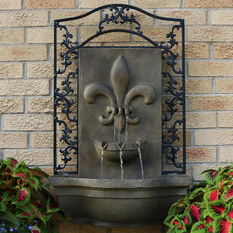 Sunnydaze Decor French Lily 33-Inch Solar Outdoor Wall Water Fountain with Battery Backup, Pump and Panel - Florentine Stone