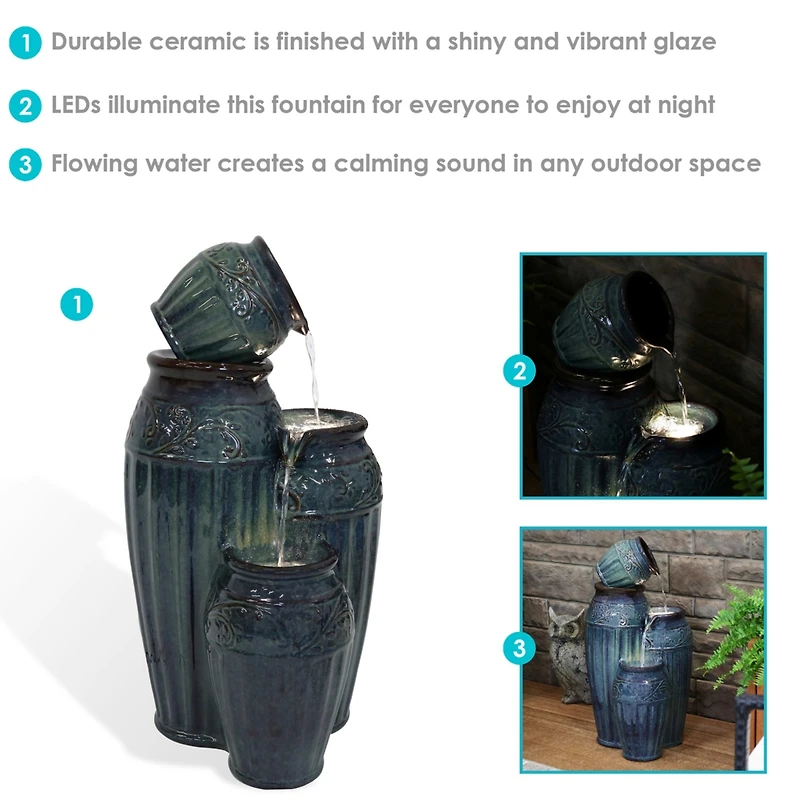 Sunnydaze Decor Tour de Vase Ceramic 27-Inch Outdoor Water Fountain - Led Lights - Electric Submersible Pump with Adjustable Flow