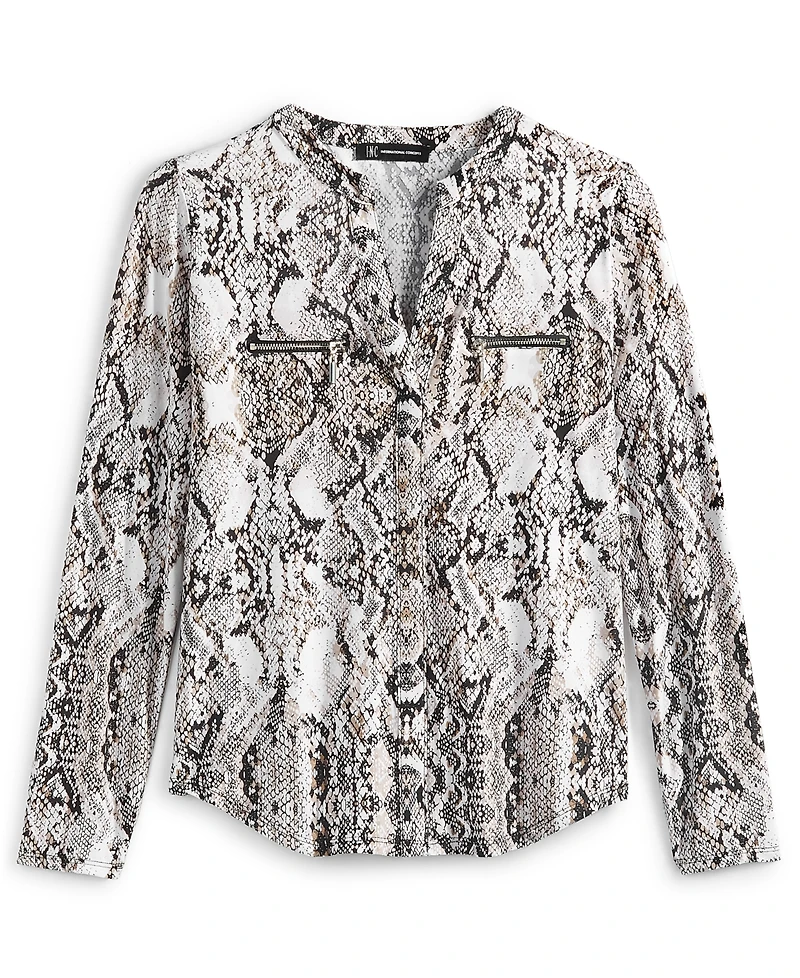 I.n.c. International Concepts Petite Printed Zip-Pocket Long-Sleeve Top, Created for Macy's