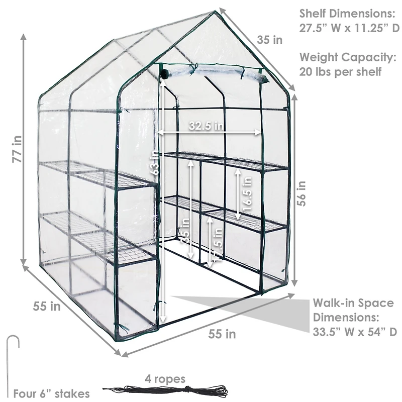 Outdoor Portable Growing Rack Grandeur Mini Walk-In Greenhouse with Roll-Up Door - 4 Shelves - Clear