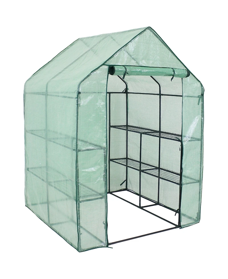 Portable Outdoor Grandeur Walk-In Greenhouse with 4 Steel Wire Shelves and Roll-Up Door - Green