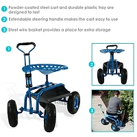 Garden Cart Rolling Scooter with Extendable Steering Handle - Swivel Seat and Utility Basket