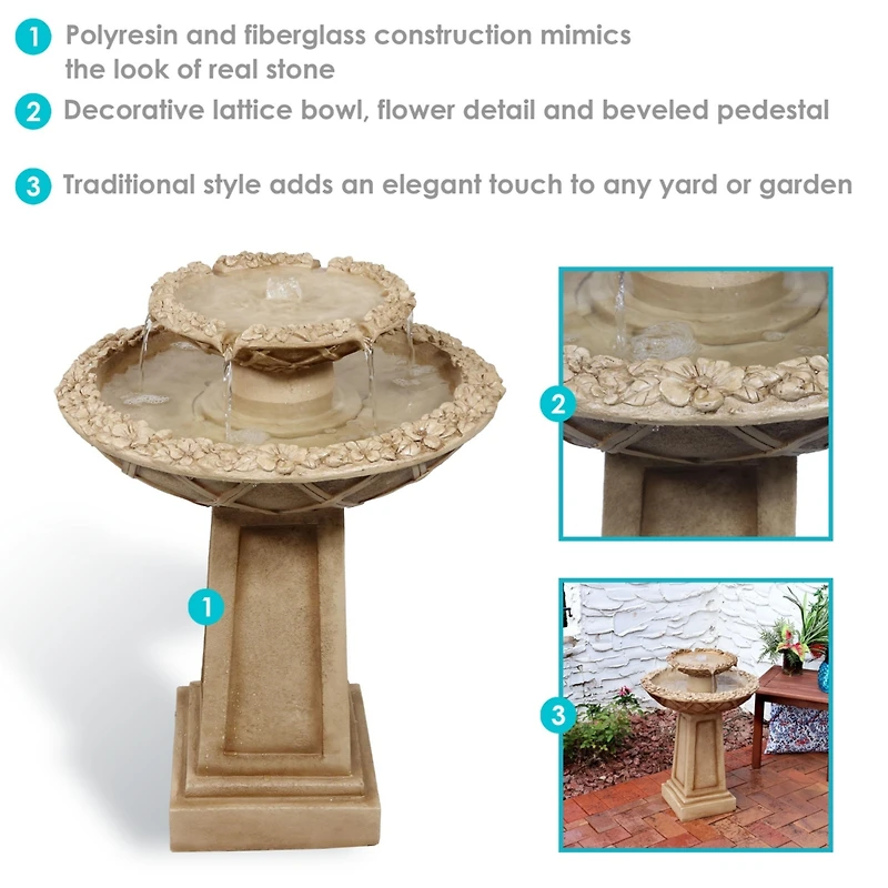 28"H Electric Polyresin 2-Tier Beveled Flower Outdoor Bird Bath Water Fountain