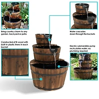 30-Inch 3-Tier Wood Barrel Outdoor Water Fountain - Electric Submersible Pump