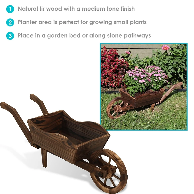 Wooden Decorative Wheelbarrow Planter for Patio, Lawn and Garden - 35" W x 10.25" D x 12" H - Brown