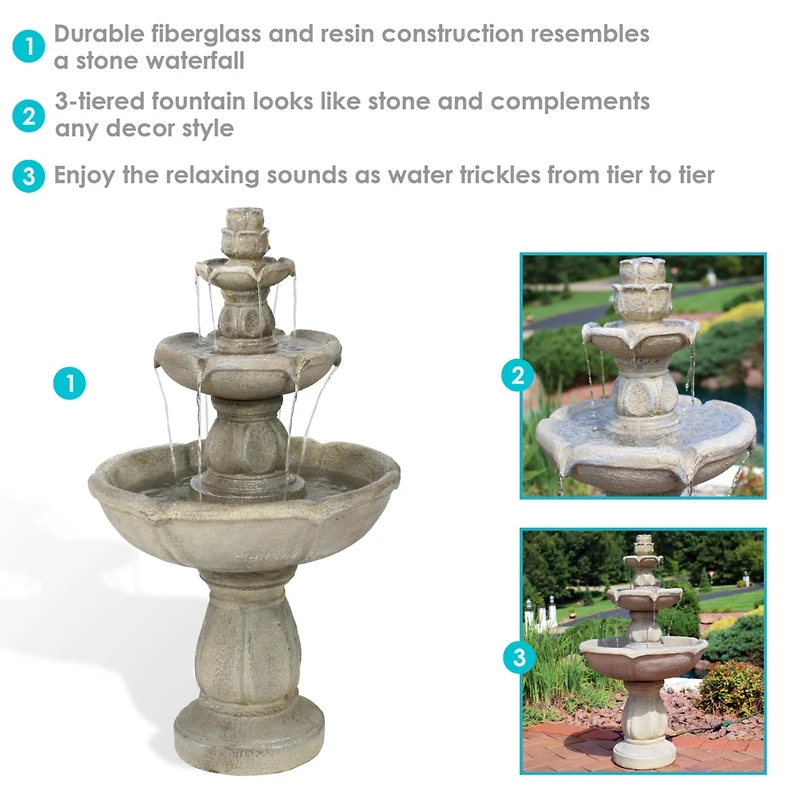 35"H Electric Fiberglass 3-Tier Birds' Delight Outdoor Bird Bath Water Fountain