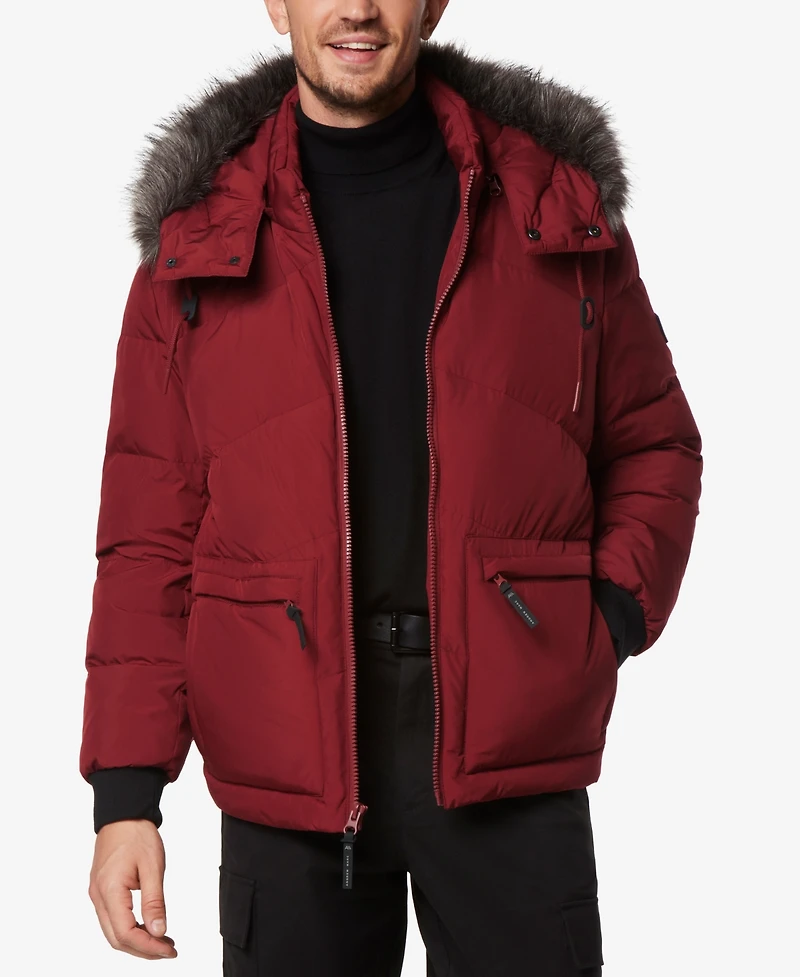 Marc New York Men's Down Bomber with Faux Fur Trim and Removable Hood