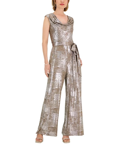 Connected Petite Metallic Jersey Cowl Neck Jumpsuit