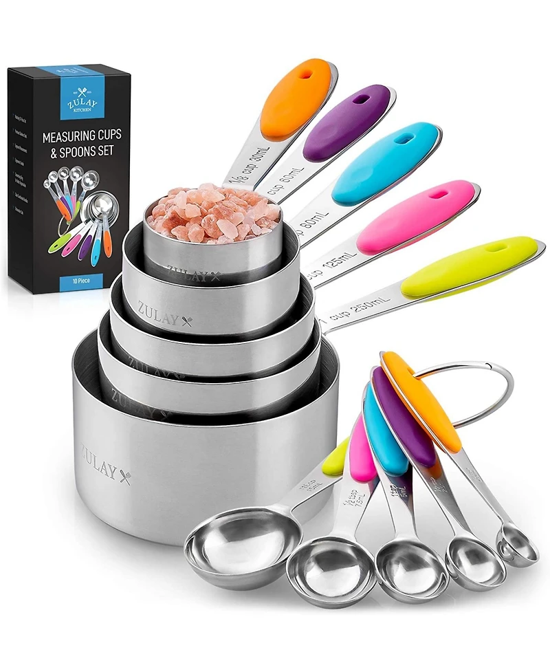 Set of 10 Stackable Stainless Steel Metal Measuring Cups and Spoons with Silicone Handles