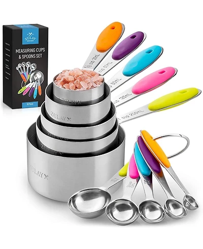 Set of 10 Stackable Stainless Steel Metal Measuring Cups and Spoons with Silicone Handles