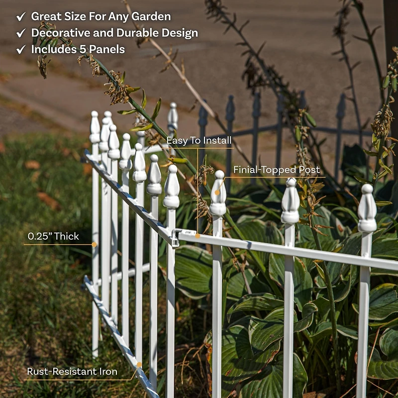 Roman Decorative Garden Fence Panels - Iron Border Fence - 22” W x 18” H Per Panel - White - Set of 5 - 9' Length