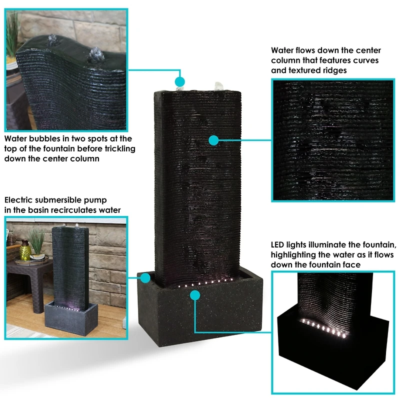 31"H Electric Polyresin Rippling Tower Column Outdoor Water Fountain with Lights