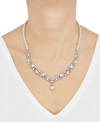 Arabella Cultured Freshwater Button & Potato Pearl (5-11mm) & Cubic Zirconia Fancy Collar Necklace in Sterling Silver, 16" + 2" extender