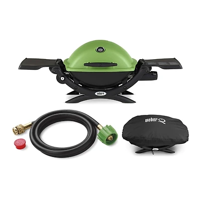 Weber Q 1200 Liquid Propane Grill Green With Adapter Hose And Grill Cover