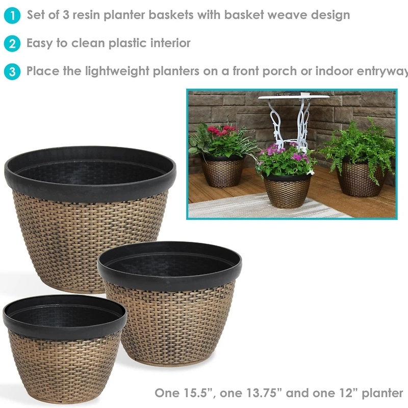 3-Piece Outdoor Planter Set - 12", 13", and 15" Resin Faux Basketweave Planters