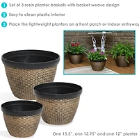 3-Piece Outdoor Planter Set - 12", 13", and 15" Resin Faux Basketweave Planters
