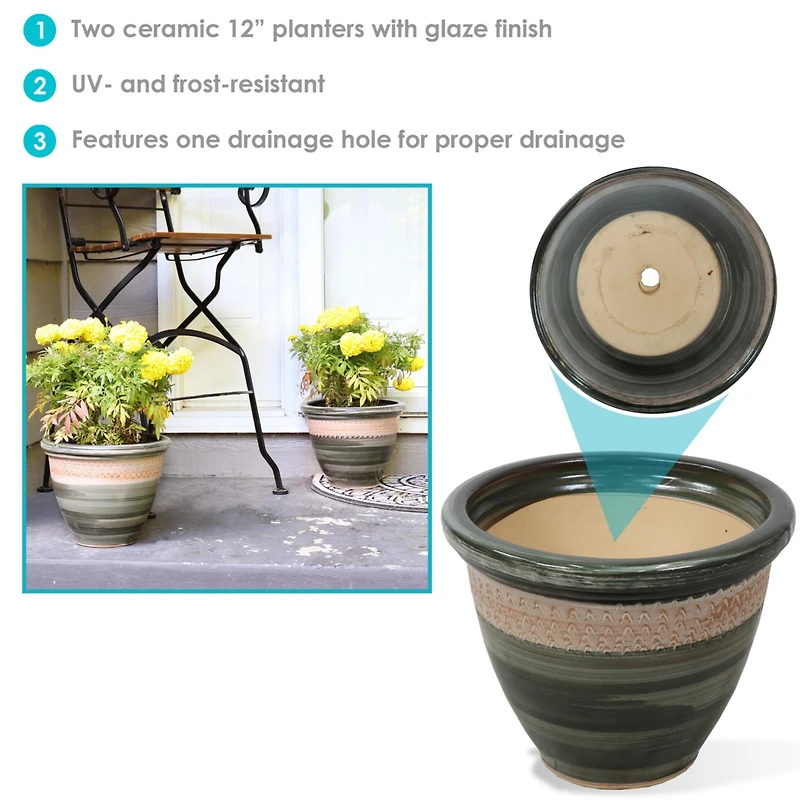 Purlieu 12-Inch Outdoor/Indoor Ceramic Planters - Set of 2 -Tempest
