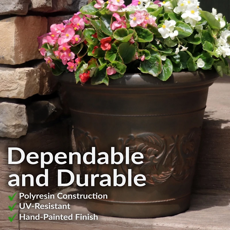 Indoor/Outdoor Patio, Garden, or Porch Weather-Resistant Double-Walled Arabella Flower Pot Planter - 16" - Rust Finish