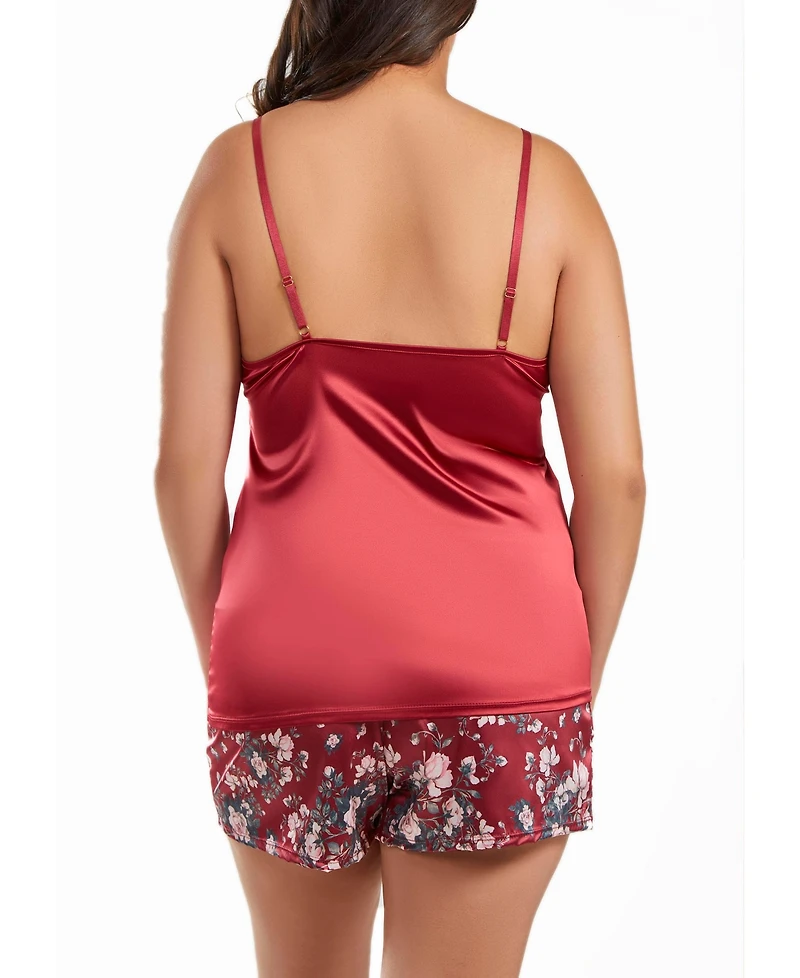 iCollection Jenna Plus Size Contrast Satin Tank and Floral Short Set
