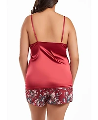 iCollection Jenna Plus Size Contrast Satin Tank and Floral Short Set