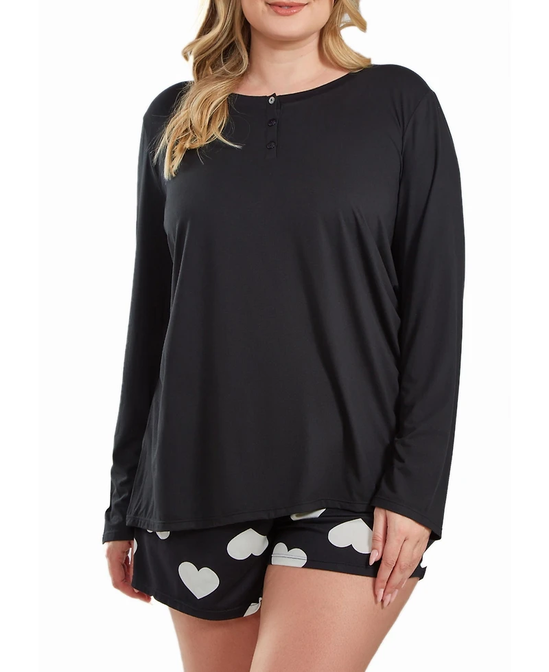 iCollection Kind Heart Plus Modal Henley Pajama Short Set Ultra Soft Comfy Cozy Style, 2 Piece