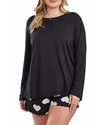 iCollection Kind Heart Plus Modal Henley Pajama Short Set Ultra Soft Comfy Cozy Style, 2 Piece