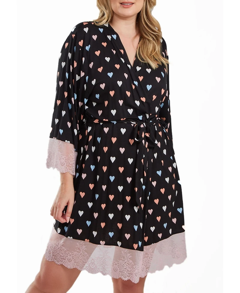iCollection Tobey Plus Modal Hearts Robe Trimmed Contrast Lace with Self Tie Sash