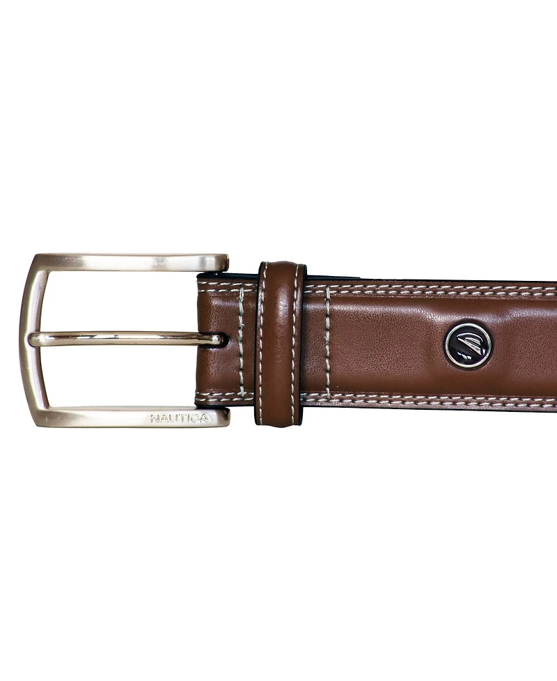 Nautica Men's Inlay Logo Signature Double Stitch Leather Belt
