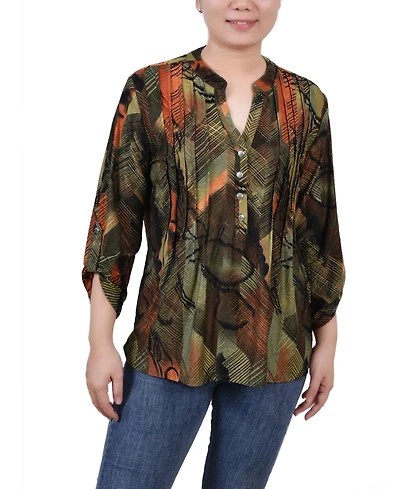 Ny Collection Petite 3/4 Roll Tab Sleeve Printed Pintuck Top