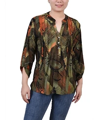 Ny Collection Petite 3/4 Roll Tab Sleeve Printed Pintuck Top