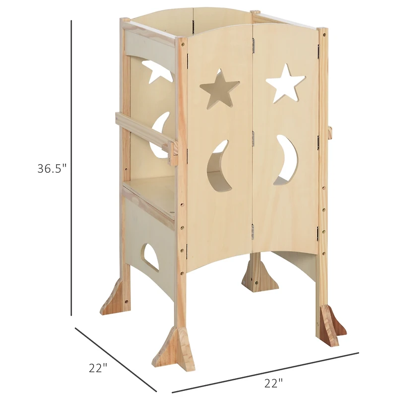 Qaba Kids Kitchen Foldable Step Stool w/ Support Safety Rails, Natural