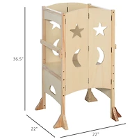 Qaba Kids Kitchen Foldable Step Stool w/ Support Safety Rails, Natural