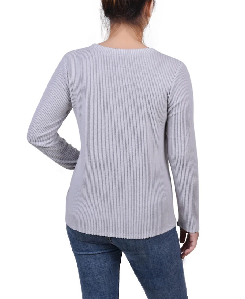 Ny Collection Petite Long Sleeve Ribbed Button Detail Top